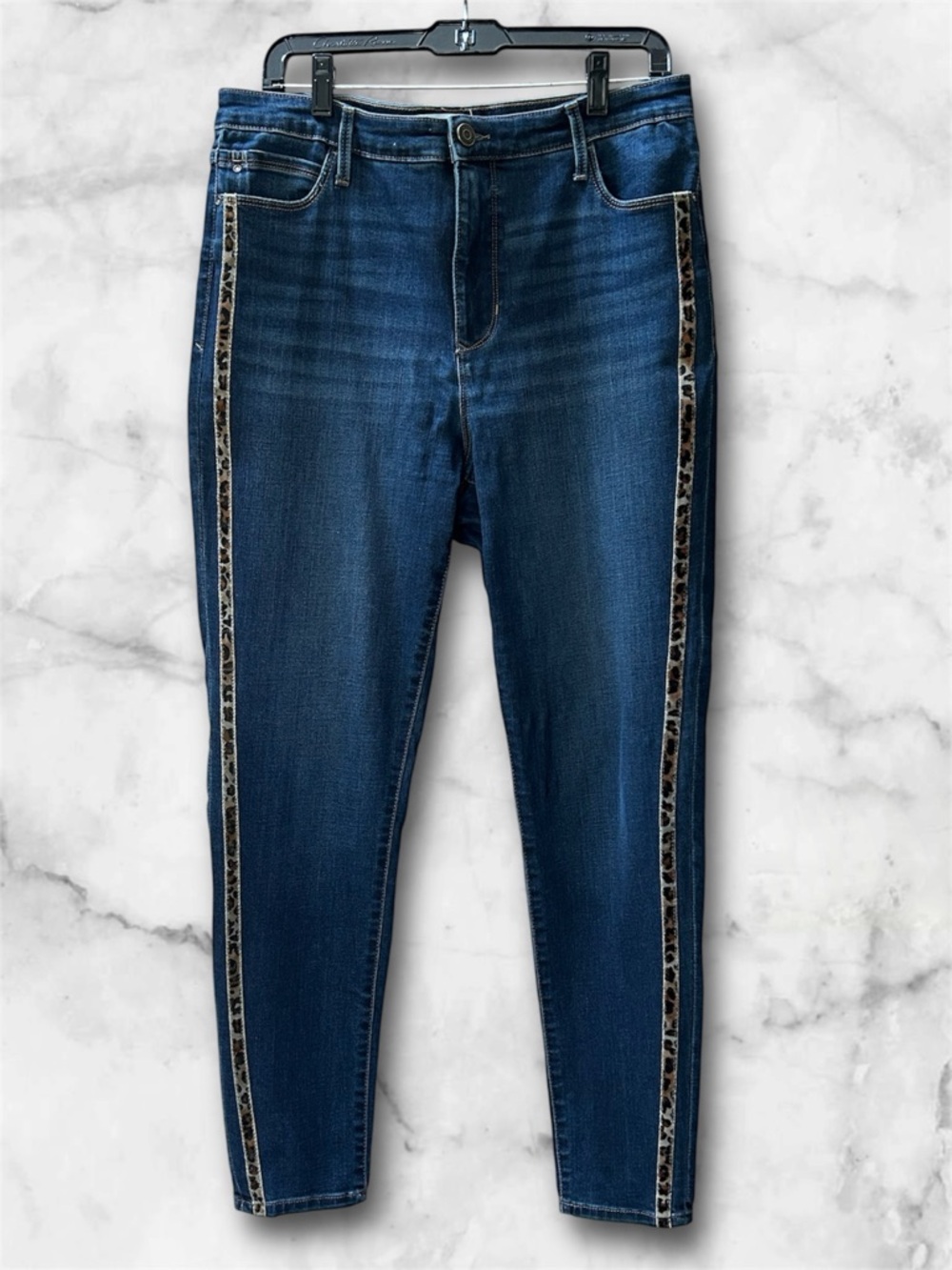 Skinnygirl Broadway High-Rise Dark Blue Skinny Jeans Leopard Side Stripe Size 12